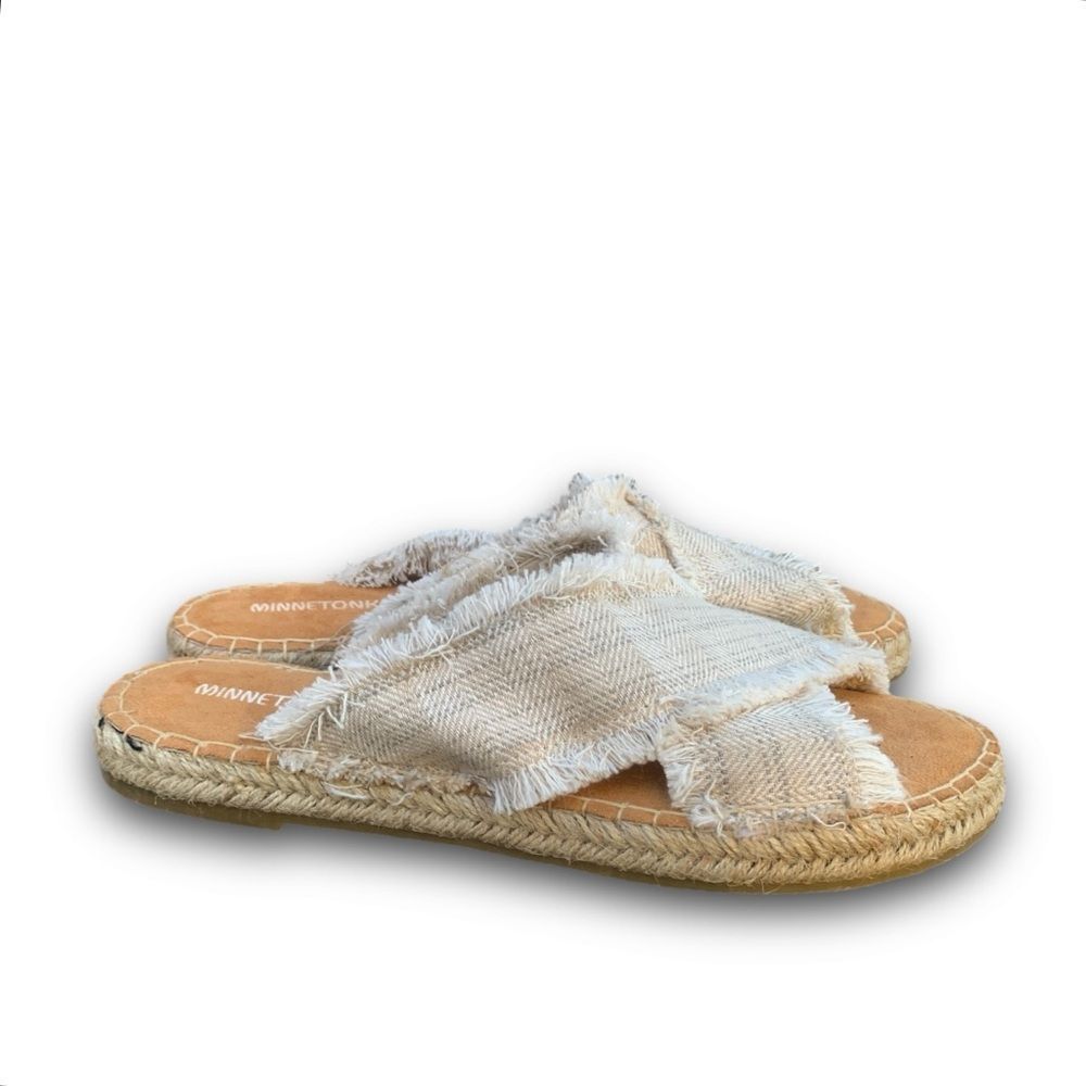 Minnetonka Women's Cream Slip-On Sandals - Picture 10 of 12
